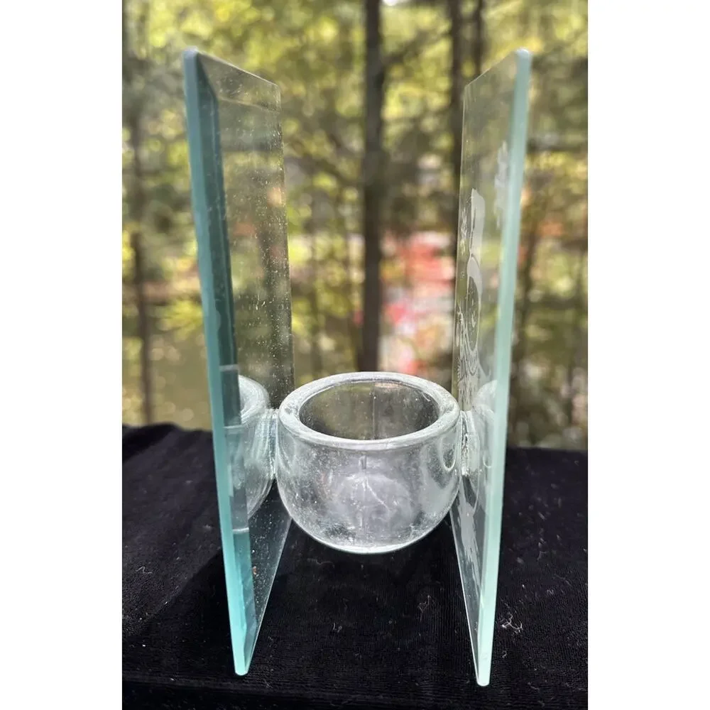 Vintage ArtMark Beveled Mirror Glass Candle Holder Snowman Etched -S64